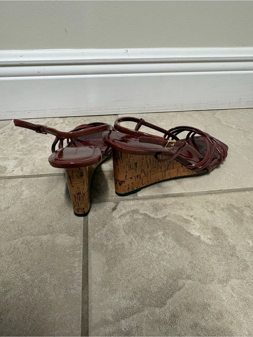 Tory Burch Burgundy Patent Leather Strappy Cork Wedge Sandals